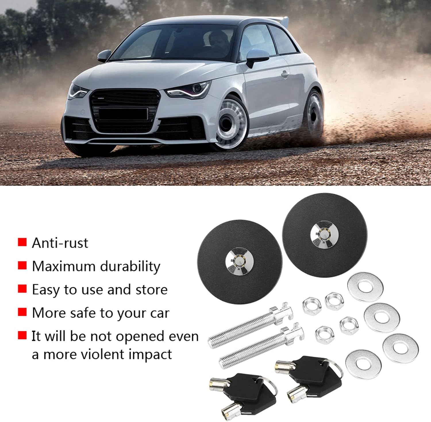Car Hood Lock Safety Pin Kit with 4 Keys, Black