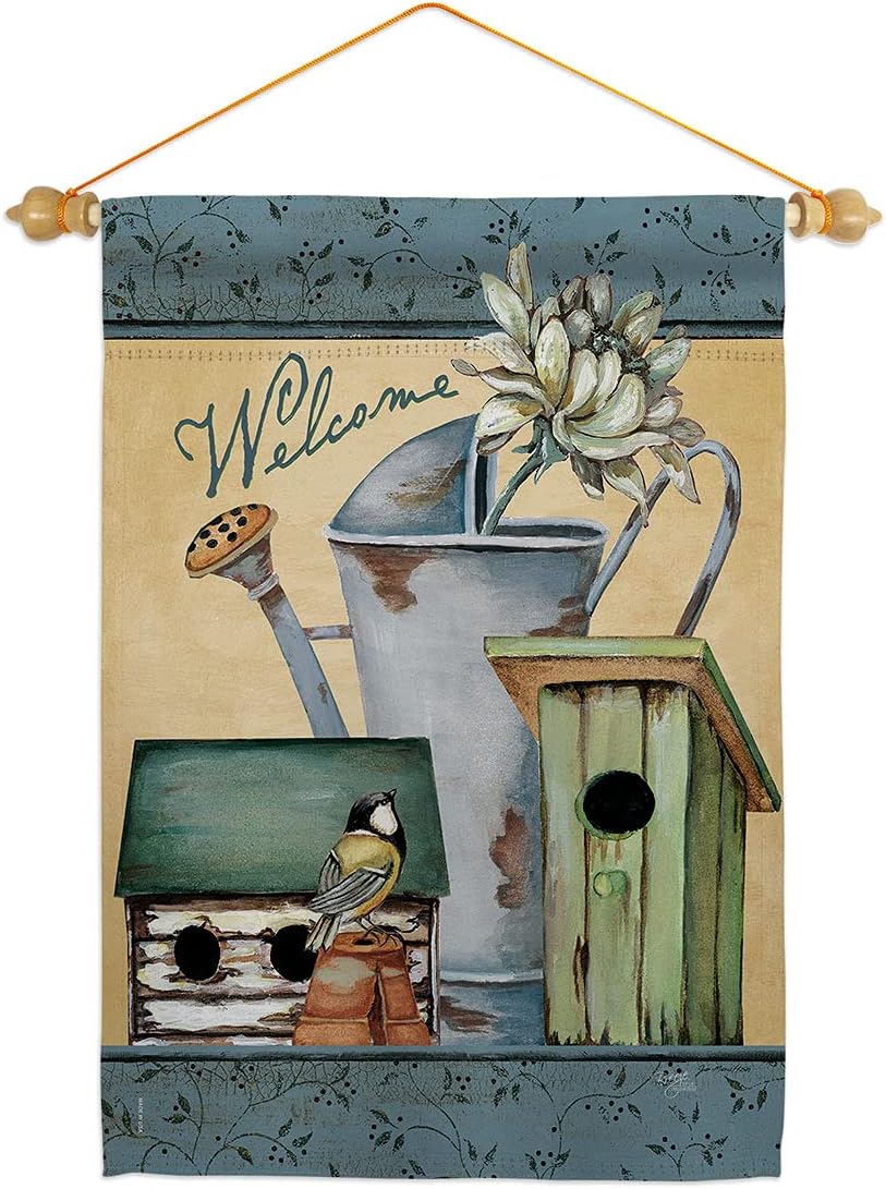 Welcome Spring Garden Flag Set Wood Dowel Country Living Primitive Farm Western Barn American Rustic Cowboy Rural Ranch Small Decorative Gift Yard House Banner Made In USA 13 X 18.5