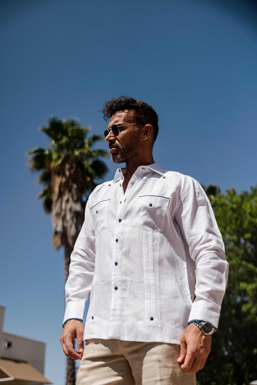 Mojito Men's 100% Linen Guayabera Shirt Long Sleeve with Pop-Color Pocket Trim - Image 3