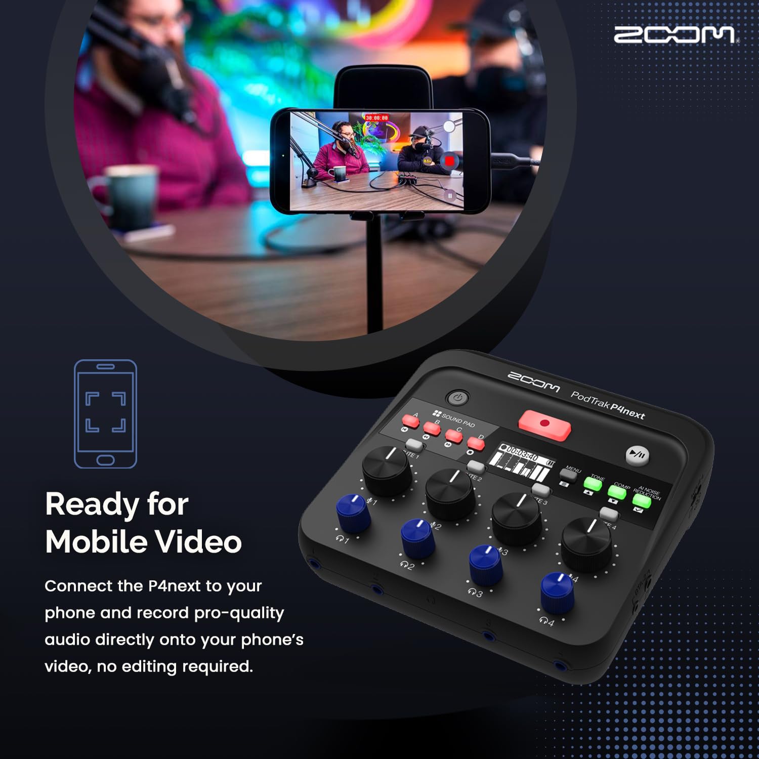 Zoom PodTrak P4next - Registratore audio multitraccia portatile, con 4 ingressi microfono, microfono portatile, cuffie, supporto per microfono, filtro pop per interviste, registrazione remota degli