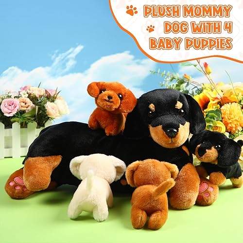 Miniatura 5 de Honoson Juego de peluche de perro nutritivo con cachorros, peluche de mamá con 4 cachorros de bebé, juguetes de peluche suaves y lindos para niñas,