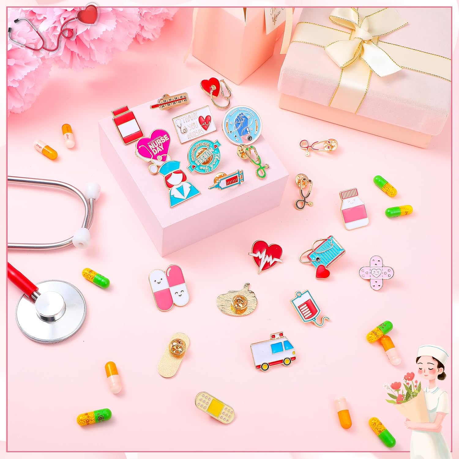 Ceenna 100 Pcs Funny Nurse Enamel Pins Bulk for Backpacks, Nurse Week Gifts Cute Heart Stethoscope Ambulance Pill Syringe Lapel Brooches Badge for Graduation Registered Doctor Healthcare Medical