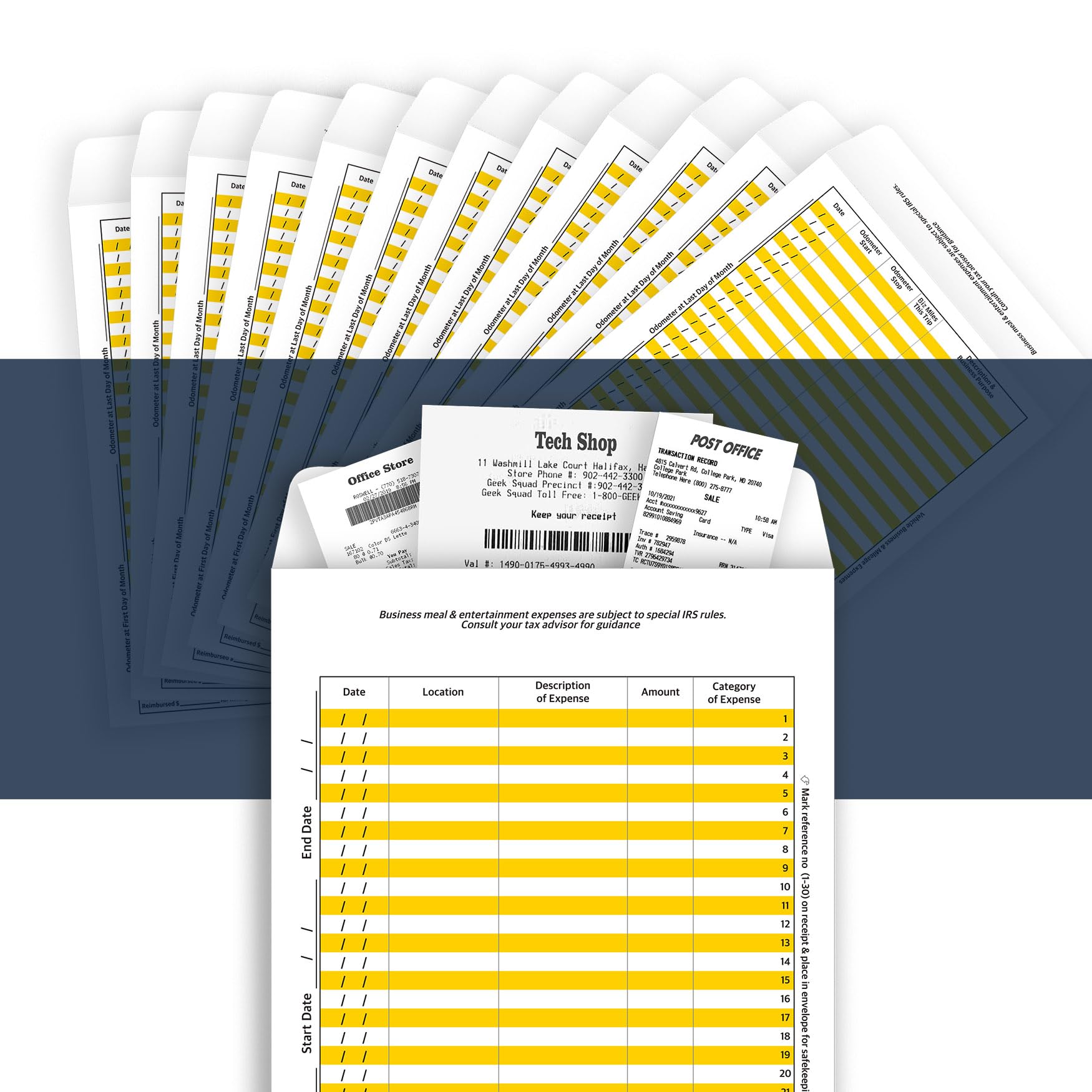 12 Set Receipts Organizer & Expense Envelope, Business Expense Tracker, Business Expense Record Auto Mileage Log Organizer Envelope (Yellow)