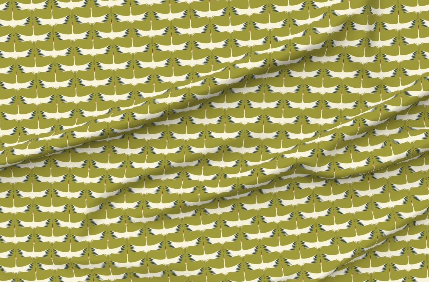 Spoonflower Fabric - Art Deco Crane Avocado Green Creme Whooping Retro Vintage Flying Bird Printed on Petal Cotton Fabric Fat Quarter - Sewing Quilting Apparel Crafts Decor