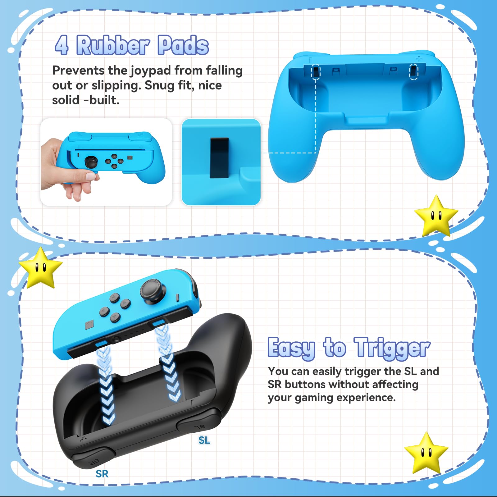 FASTSNAIL Lot de 4 Poignées Compatible avec Nintendo Switch&OLED, Grip Compatible avec JoyCon Interrupteur avec 12 Capuchons de Préhension pour Pouce(Noir, Bleu et Rouge)