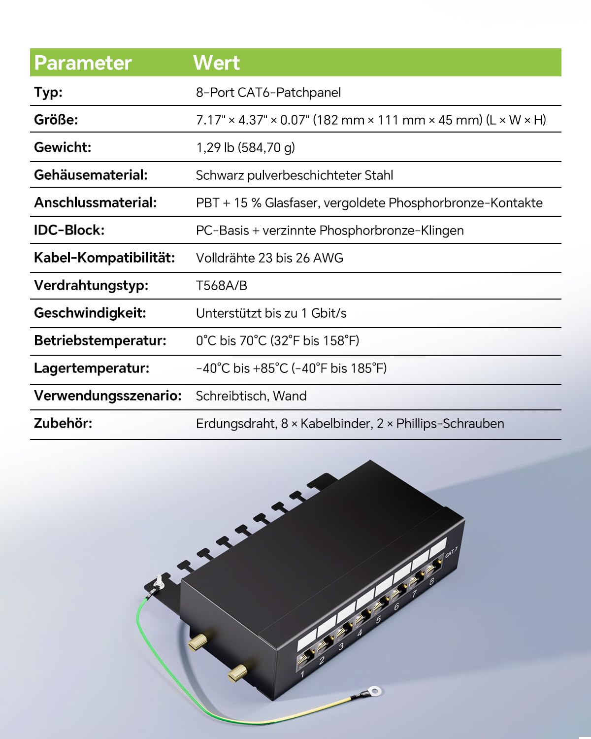 8 Port CAT6 Patchpanel Verteilerfeld, 1Gbps/250MHz, Vergoldete Patch Panel für Cat6/5E/5 Verlegekabel, Metallgehäuse mit Erdung für Wandmontage und Heimvernetzung