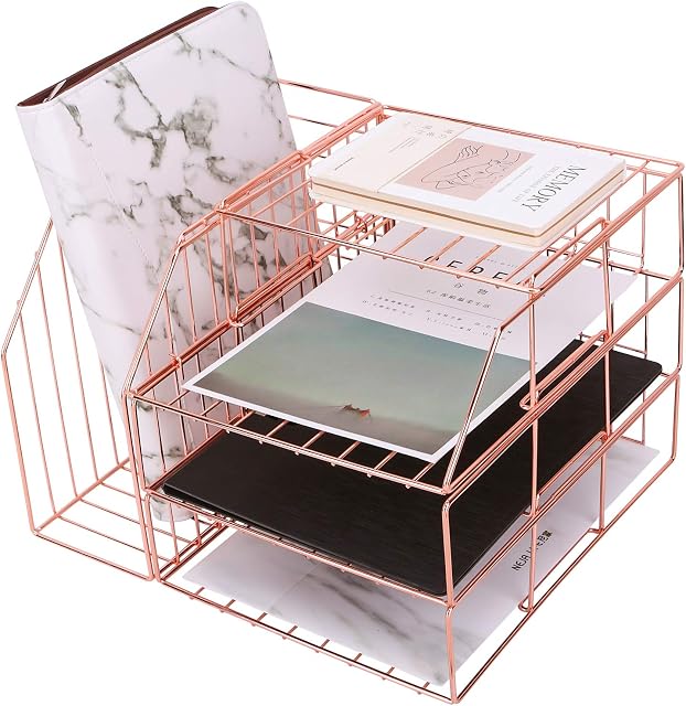 Simmer Stone Stackable File Tray, Wire Desk Paper Organizer for Mails, Documents, Folders and Books, 3-Tier Letter Sorter Tray Plus Display Shelf and Magazine Holder, Rose Gold
