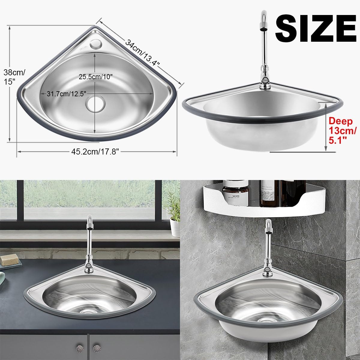 Lavello ad angolo acciaio inox,lavabo triangolare a parete,Lavello da cucina ad angolo a triangolo,Lavandino Cucina piccolo,Lavello Cucina angolare con rubinetto dell'acqua fredda(Deep 13cm)