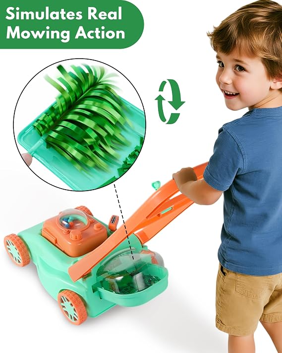 Kids Lawn Mower with Realistic Grass-Cutting Action and Sounds No Batteries Required | Fun Outdoor Push Toy, Birthday Gift & Holiday Present for 3, 4, 5, 6 Year Old Boys and Girls(Green)