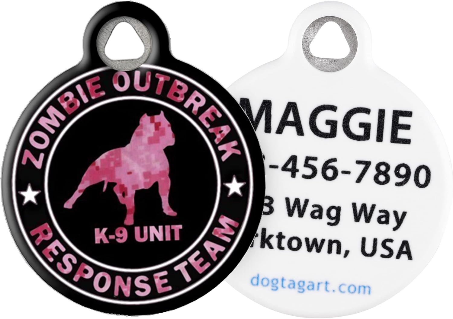 Dog Tag Art Halloween Zombie Custom Pet ID Tag for Dogs and Cats, Personalized Dog Tag with Customized Identification Information, Zombie Response K9 Camo Pink, Small (7/8" Diameter)