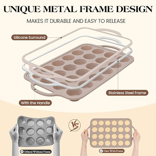 Miniatura 2 de Vinino Paquete de 1 moldes pequeños de silicona para magdalenas con marco reforzado de metal, 12 tazas de silicona fácil de liberar, bandeja de