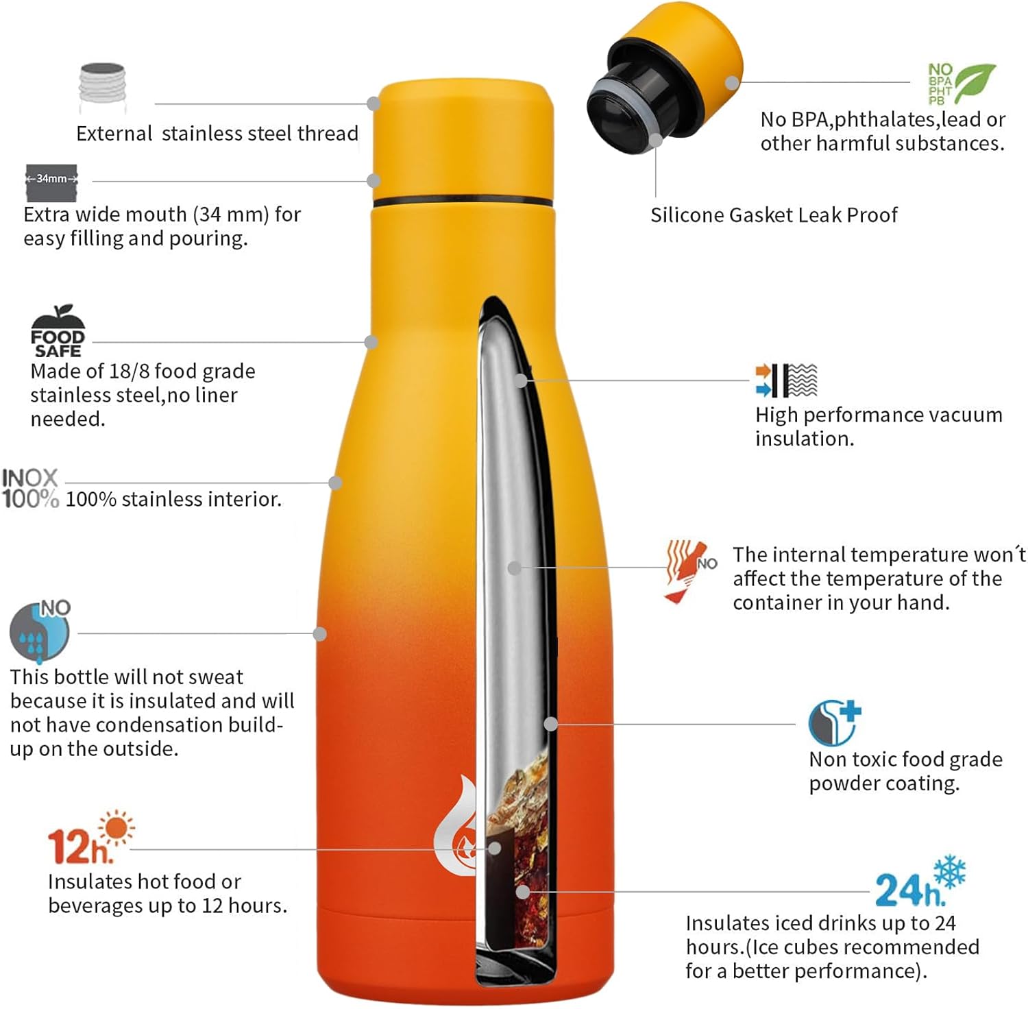 BJPKPK Insulated Water Bottle 12oz Samll Stainless Steel Water Bottles Reusable Metal Thermal Keep Cold and Hot,Sunset Orange - Image 3