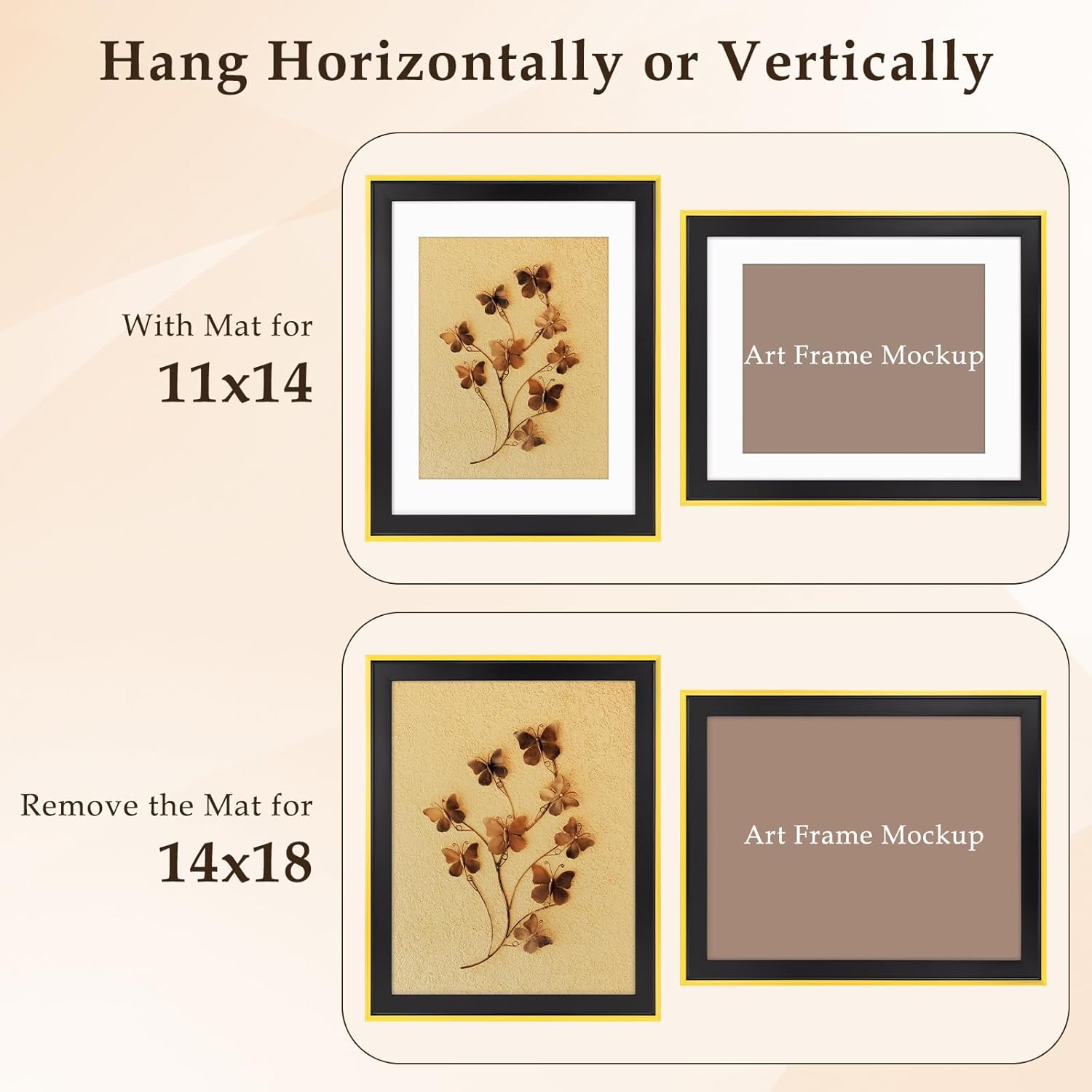 Golden State Art 14 x 18 Picture Frame, Solid Wood with Real Glass, Matted to 11x14 or 14x18 photo Without Mat, Wall Mounting Frame for Pictures, Posters, Artwork - Black/Gold, 1 Pack