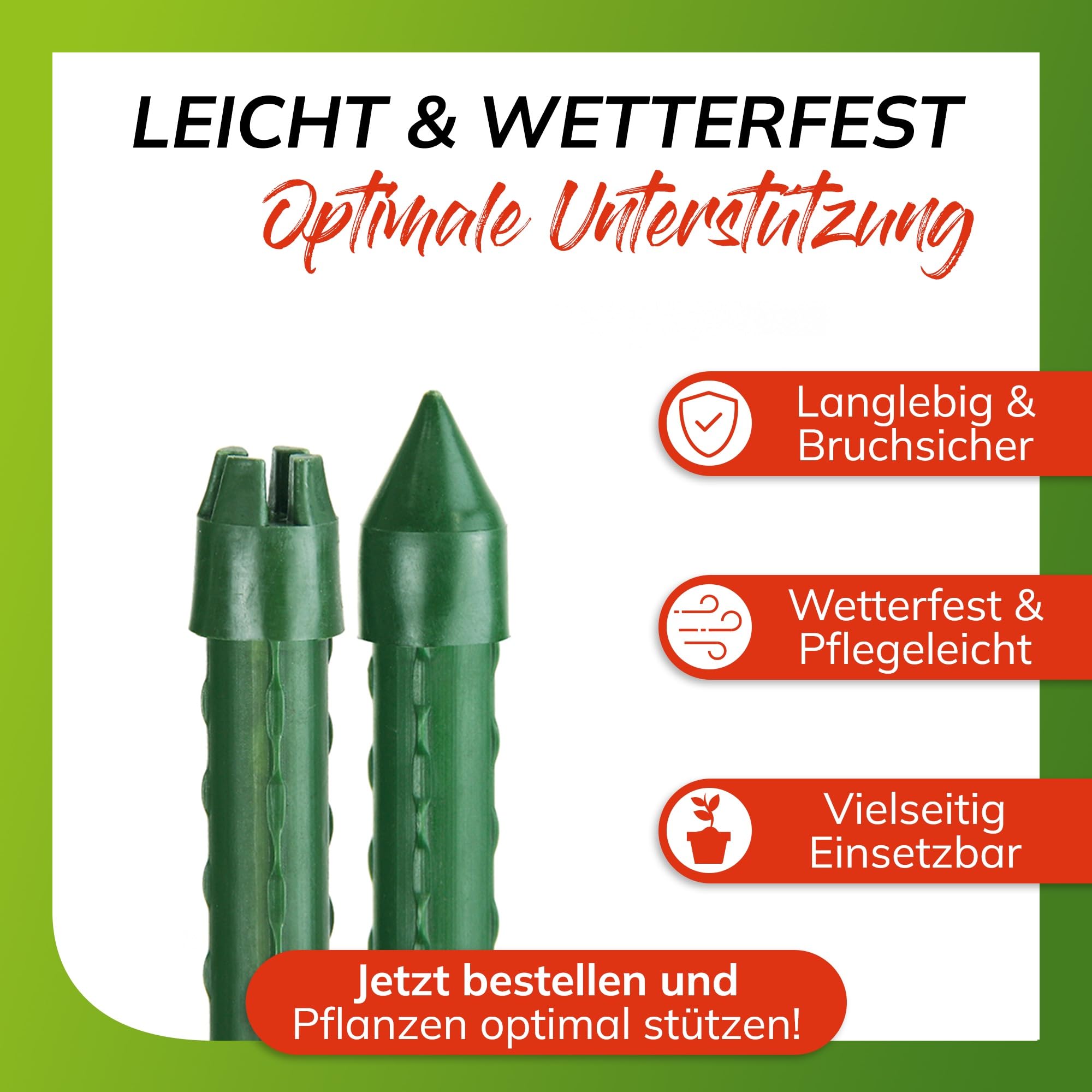 bellissa Rankhilfe Rankstäbe Pflanzenstütze 50er-Set Kunststoff grün 180 cm | Hochwertige Pflanzstäbe mit Stahlkern Ø 16 mm aus Plastik, widerstandsfähig für Rankpflanzen, Garten & Balkon