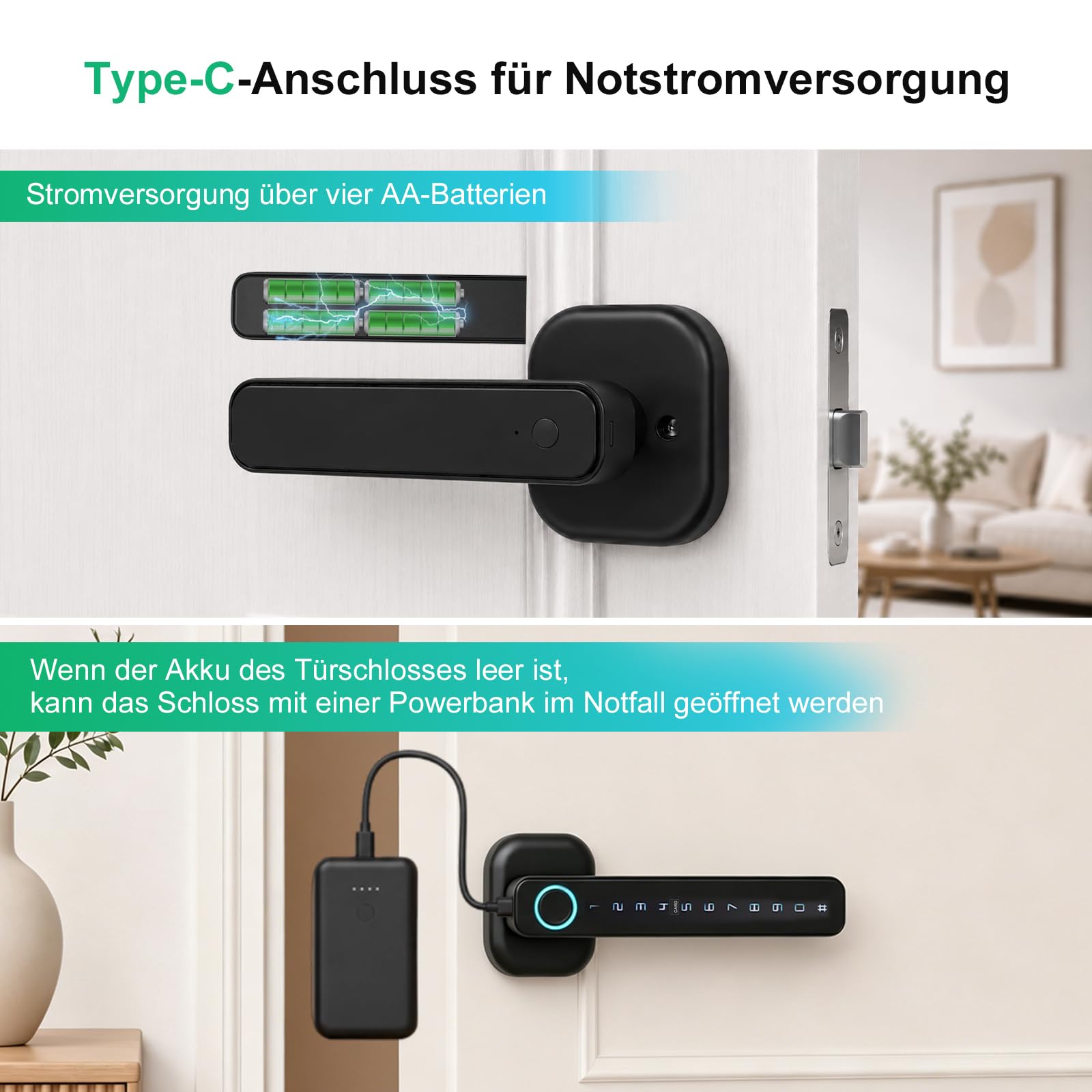 5-in-1 Intelligentes Türschloss, Elektronisches Türschloss für Bluetooth | Fingerabdruck biometrische, Temporäres Passwort, Per App gesteuert, Smart Lock, IC-Karte, für Haustür, Wohnung, Hotel, Büro