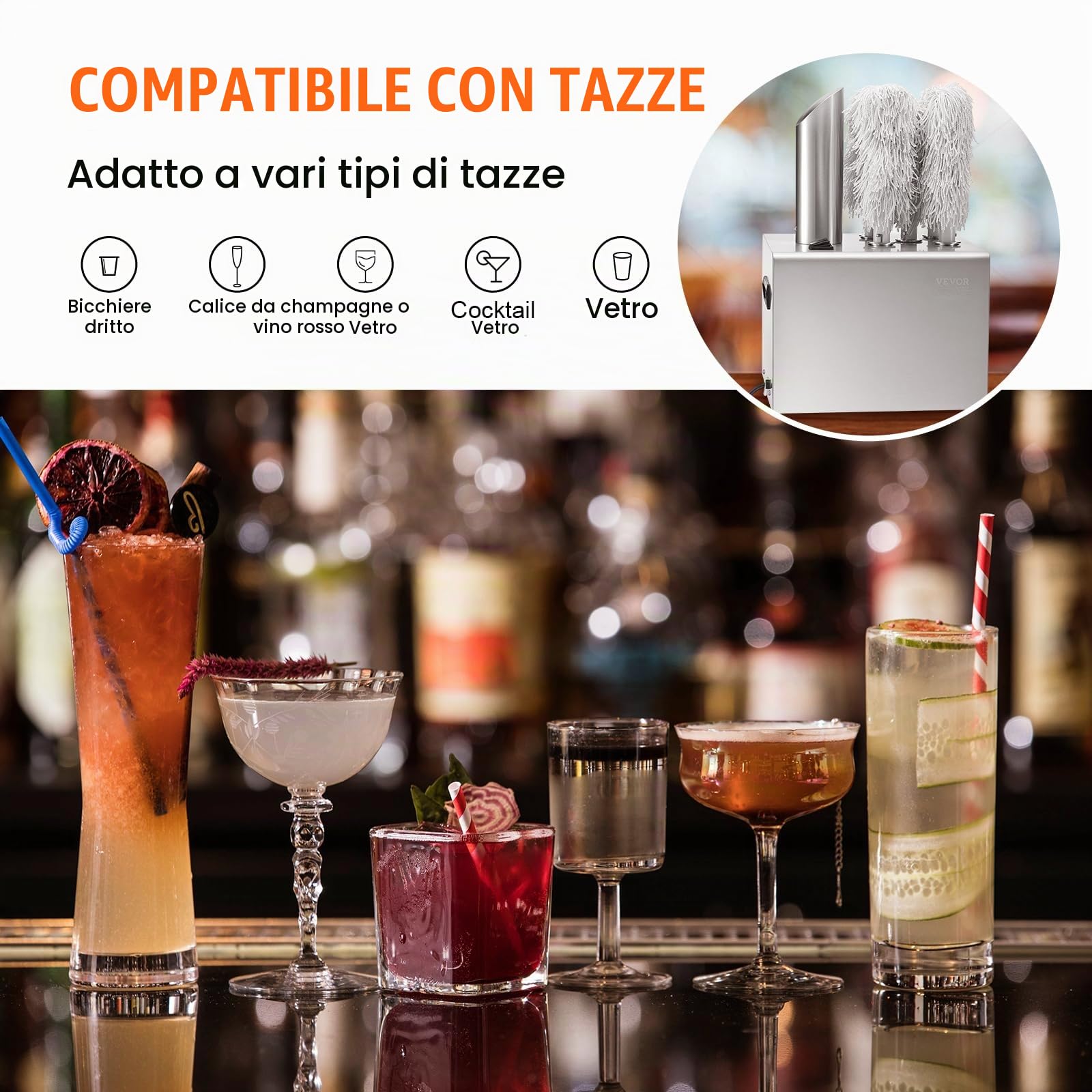 VEVOR Lucidatrice per Bicchieri da Vino, Lucidatrice per Bicchieri a 5 Spazzole, Lucidatrice Elettrica 330 Tazze/Ora per Bicchieri da Champagne, Boccali da Birra, Boccali, per Bar, Ristoranti, Cucine
