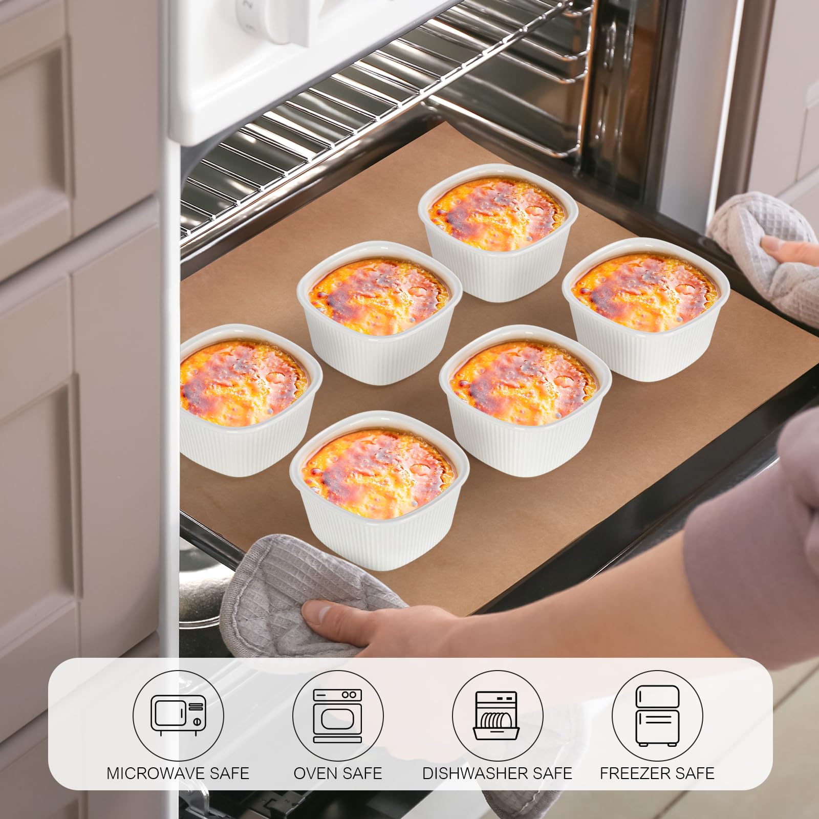 FoiiLiio 6x stampi per soufflé,210 ml Pirottini in Ceramica,Mini Ciotole in Porcellana per Creme Brulè,ciotole in ceramica per creme brulee,Resistenti al Forno,Bianco,Quadrato