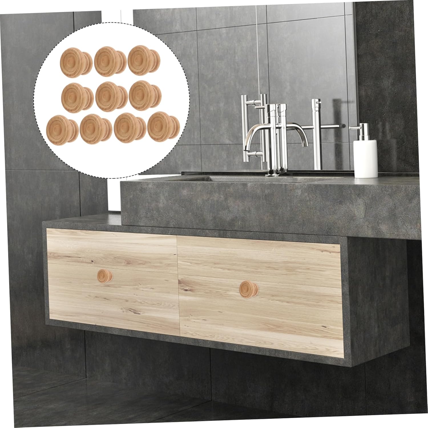 DOITOOL 10pcs Wooden Handle Dresser Handles Cabinet Door Knobs Round Drawer Knobs Copper Cabinet Pulls and Wooden Drawer