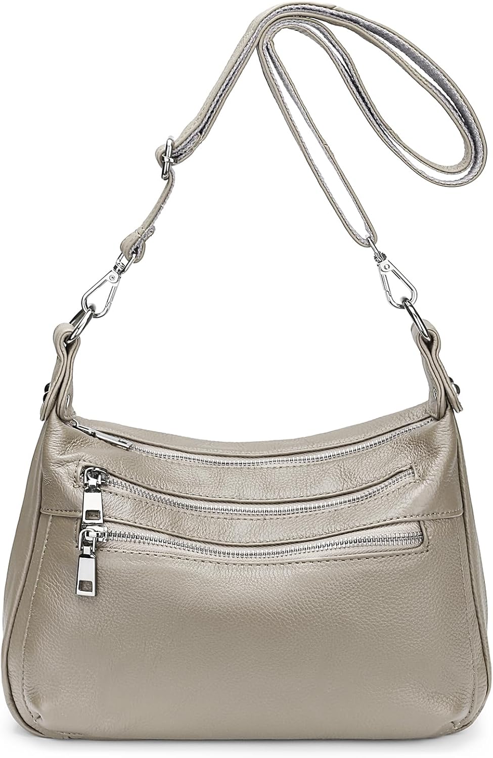 YALUXE Genuine Leather Shoulder Bag Medium Size Handbag Purse Multi Zip Pockets Crossbody Bags for Women Black Beige