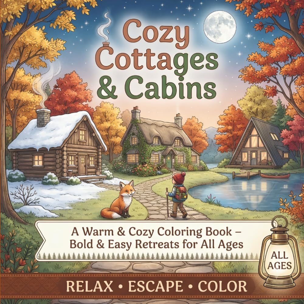 Cozy Cottages & Cabins: A Warm & Cozy Coloring Book – Bold & Easy Retreats for All Ages