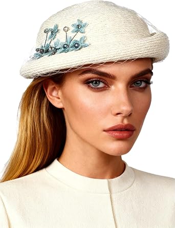 Womens Elegant Straw Hat with Bow-Fascinator for Wedding,Cocktail Party&Church Events,Derby Summer Beret for Brides/Mothers