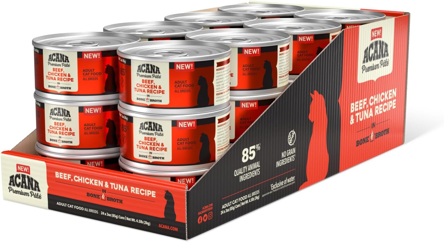 Premium Pate Wet Cat Food in Bone Broth Beef Chicken + Tuna Recipe 3oz Cans (24 count)