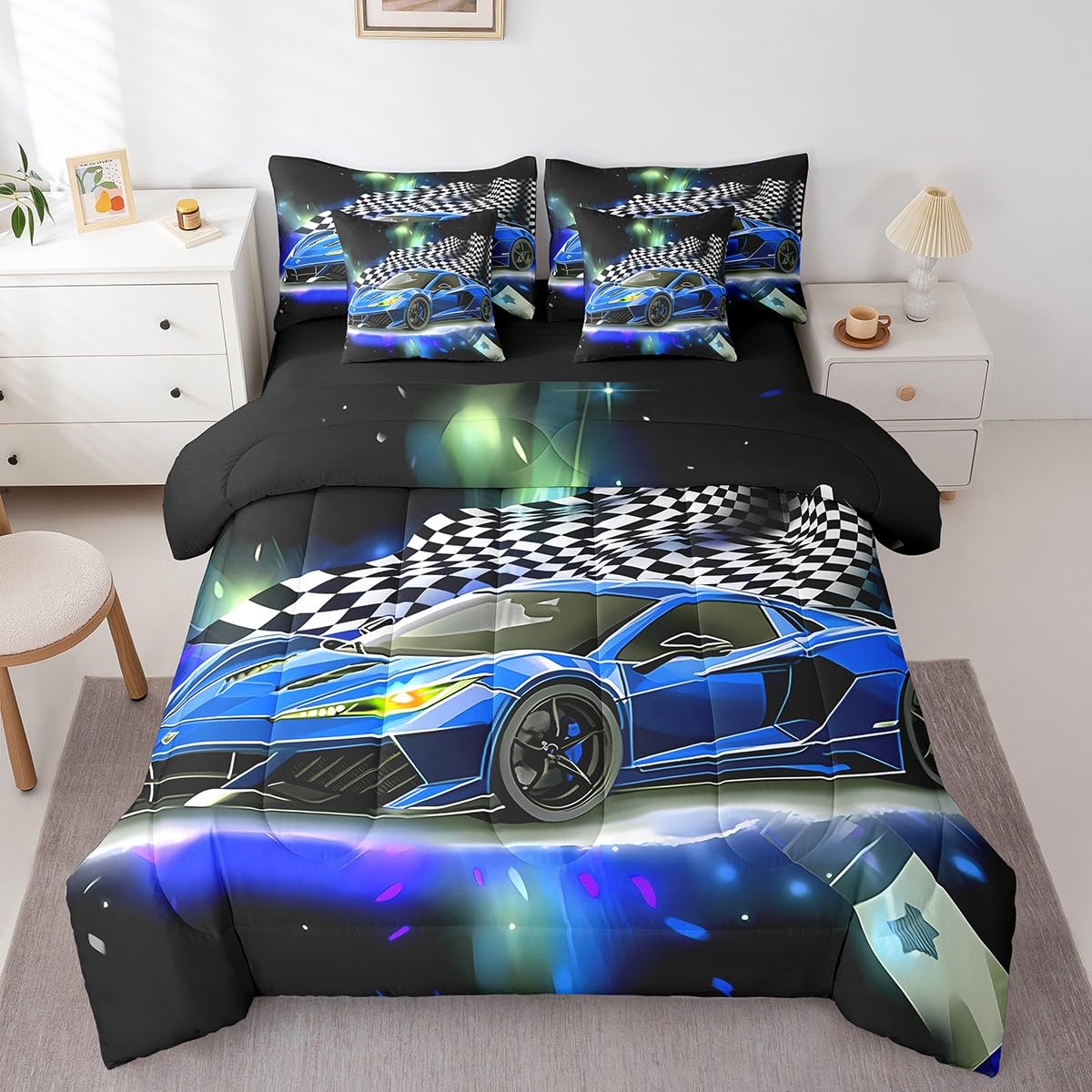 Feelyou Blue Racing Car 7 Piece Queen Size Extreme Sport Comforter Set with Sheets for Kids Boys Girls Teens Toddler Fast and Furious Bed in a Bag