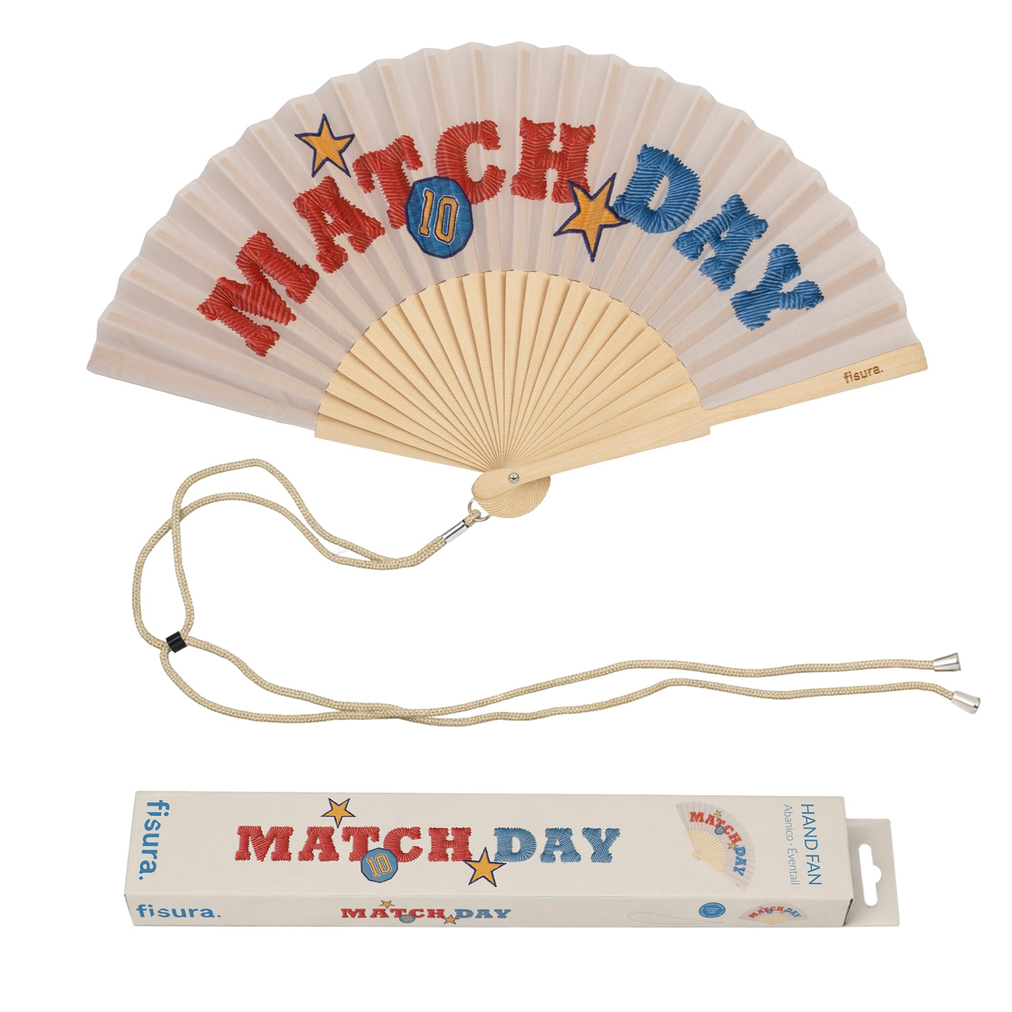 Fisura – Original “Match Day” Message Folding Fan, Modern and Colourful Folding Handheld Fan, Red & Blue Design for Wedding, Rave, Festival - Includes Strap. Size: 42.5 x 23 cm