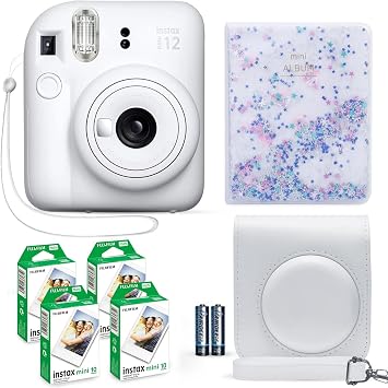 Fujifilm Instax Mini 12 Instant Camera Clay White + Fuji Instax Film Value Pack (40 Sheets) + Shutter Accessories Bundle, Incl. Compatible Carrying Case, Quicksand Beads Photo Album 64 Pockets