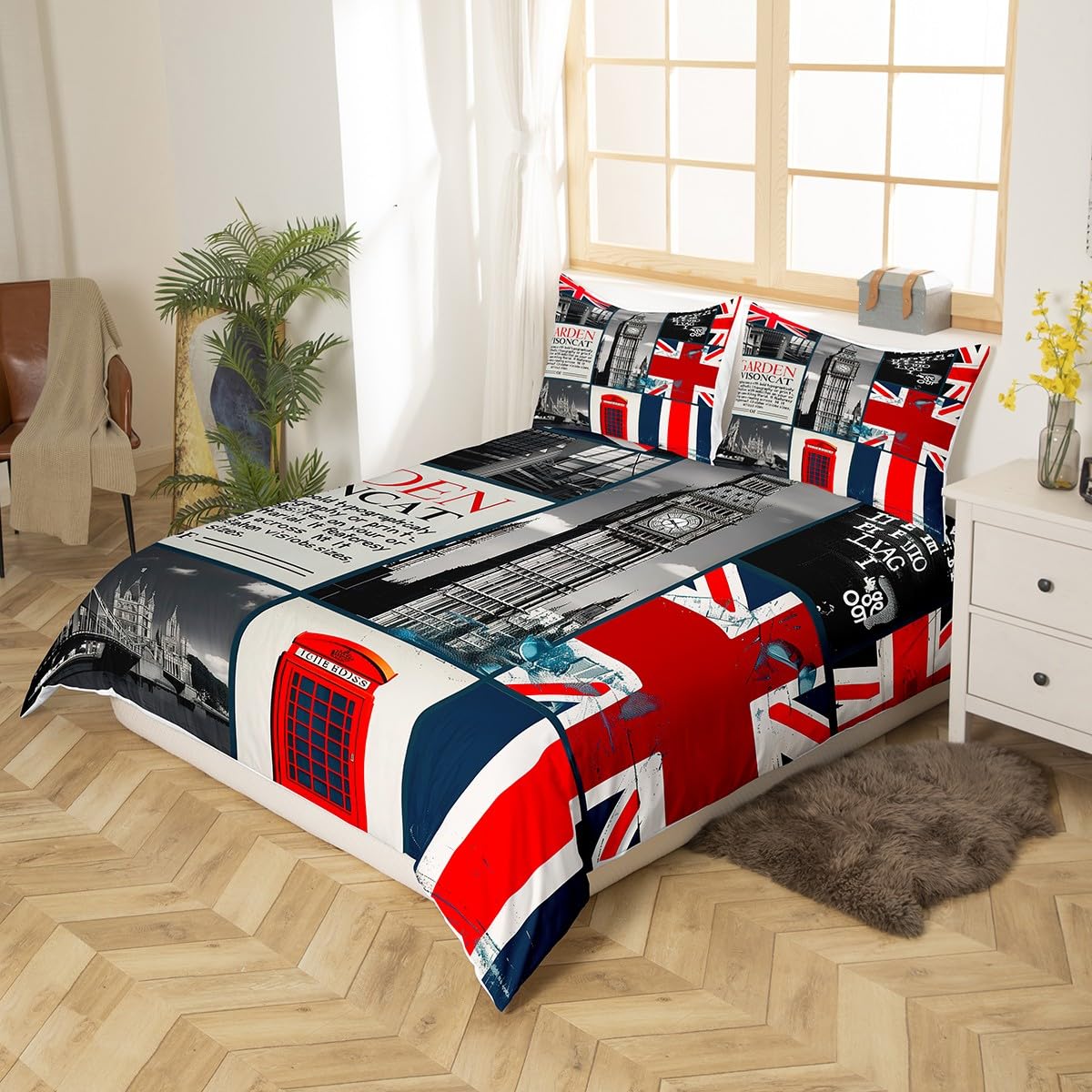 London Comforter Cover Romantic City Building Bedding Set for Teens Boys,Big Bent Duvet Cover United Kingdom Tower Bridge Bed Set Red Telephone Booth Union Jack Flag Bedroom Decor Queen