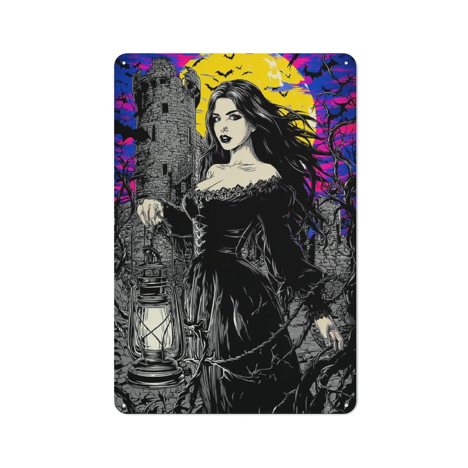Junmoney Halloween Witch With Lantern Cottage Metal Wall Decor 30X20cm, Shed Metal Sign For Patio Bar, Workshop, Shed Or Kitchen