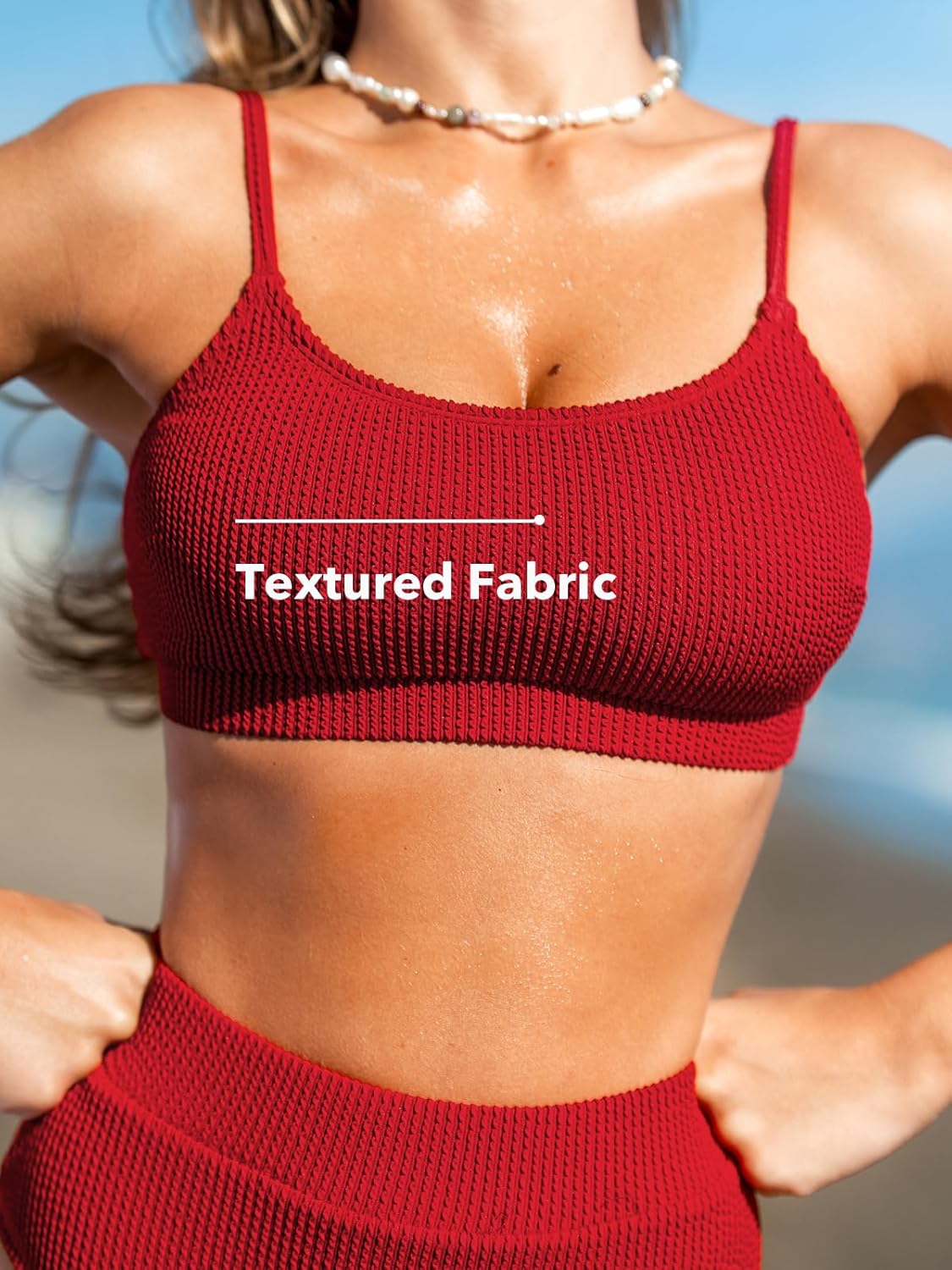 CUPSHE Women's Bikini Set Two Piece Swimsuits High Waisted Scoop Neck Spaghetti Adjustable Straps Textured - Image 4