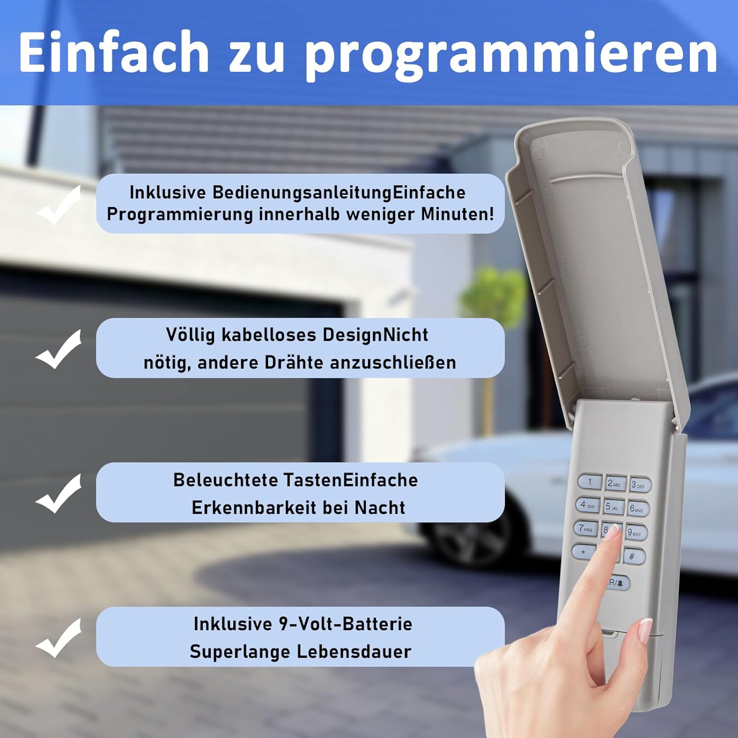 Features of DDcafor 747REV-868 keypad: easy programming, wireless design, illuminated keys, and included 9-volt battery.