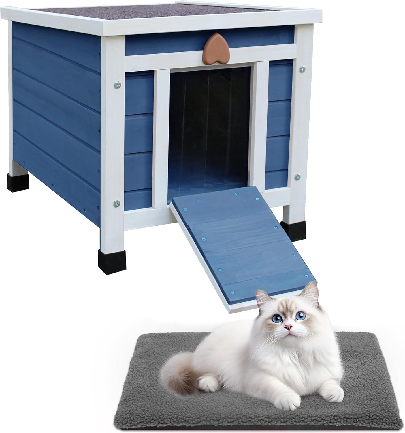Rockever Outdoor Cat House,Outdoor cat Houses for Feral Cats Weatherproof Rabbit Hutch Small, Wooden Small Pet House and Habitats (Modern, Blue+with Mat)