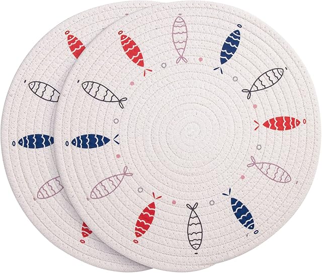VINILITE Thicken Round Placemats Cotton Woven Set of 2, Heat Resistant Prints Placemats Anti-Slip Dinner Table Mats for Dining, Kitchen Table, Fishes Pattern