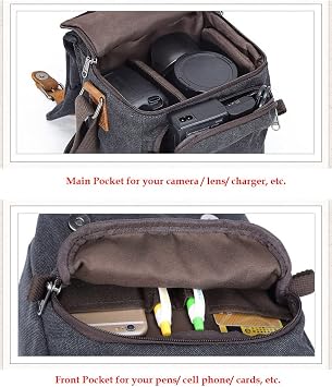 YUHAN Camera Bag, Vintage Canvas Camera Shoulder Bag Waterproof Leather Trim DSLR SLR Shockproof Camera Messenger Bag Black