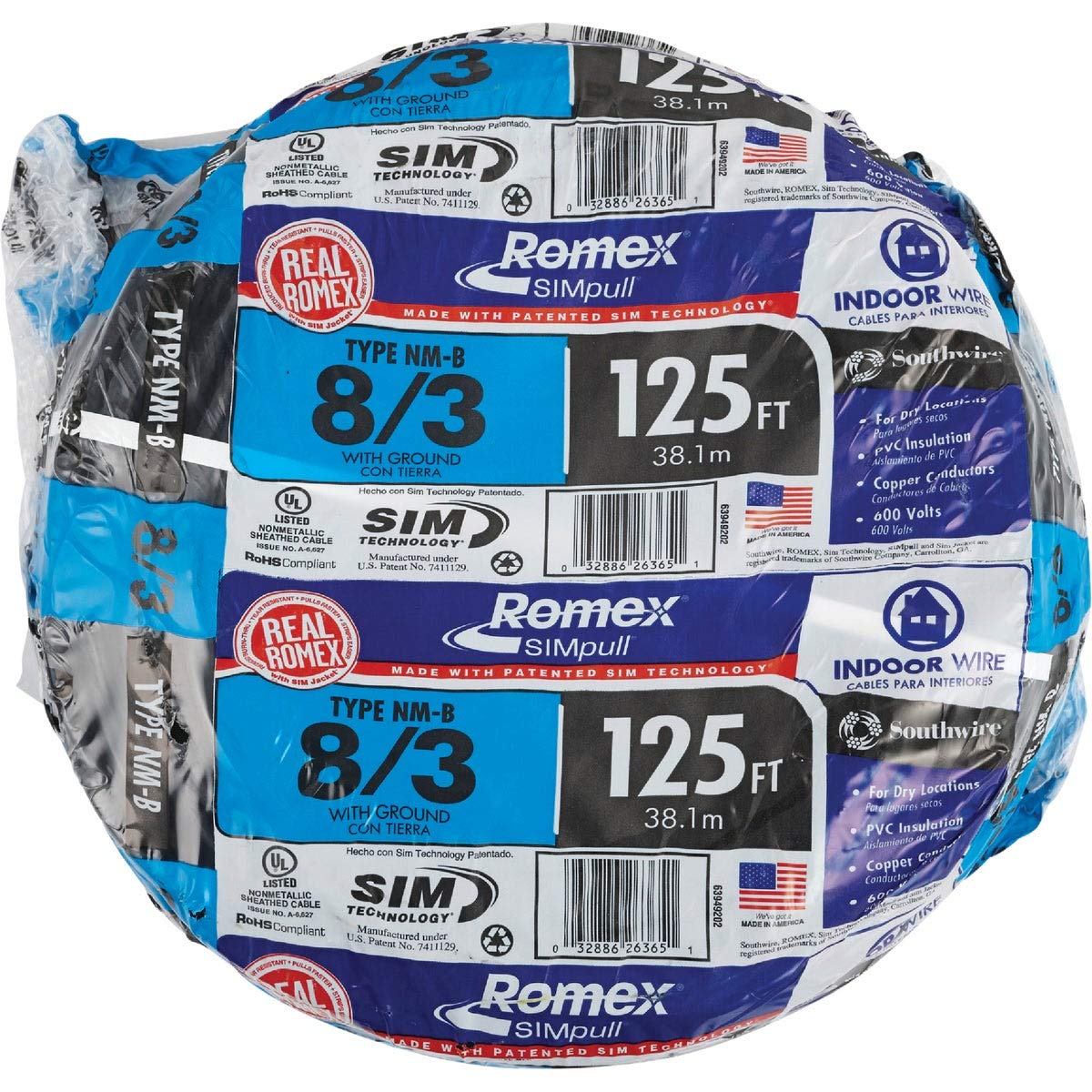 Southwire 63949202 8/3 Romex Type Nm-B W/g Non-Metallic Copper Wire, 125 ft. Black