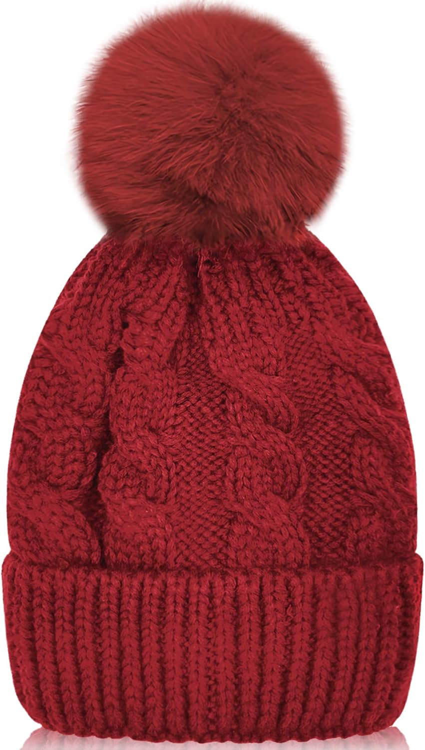Whiteleopard Kid Beanie Hats Lining Pom Pom for Children -Slouchy Cable Knit Toddler Skull Hat Baby Ski Cap for Girls Boys (Red New): Clothing, Shoes & Jewelry