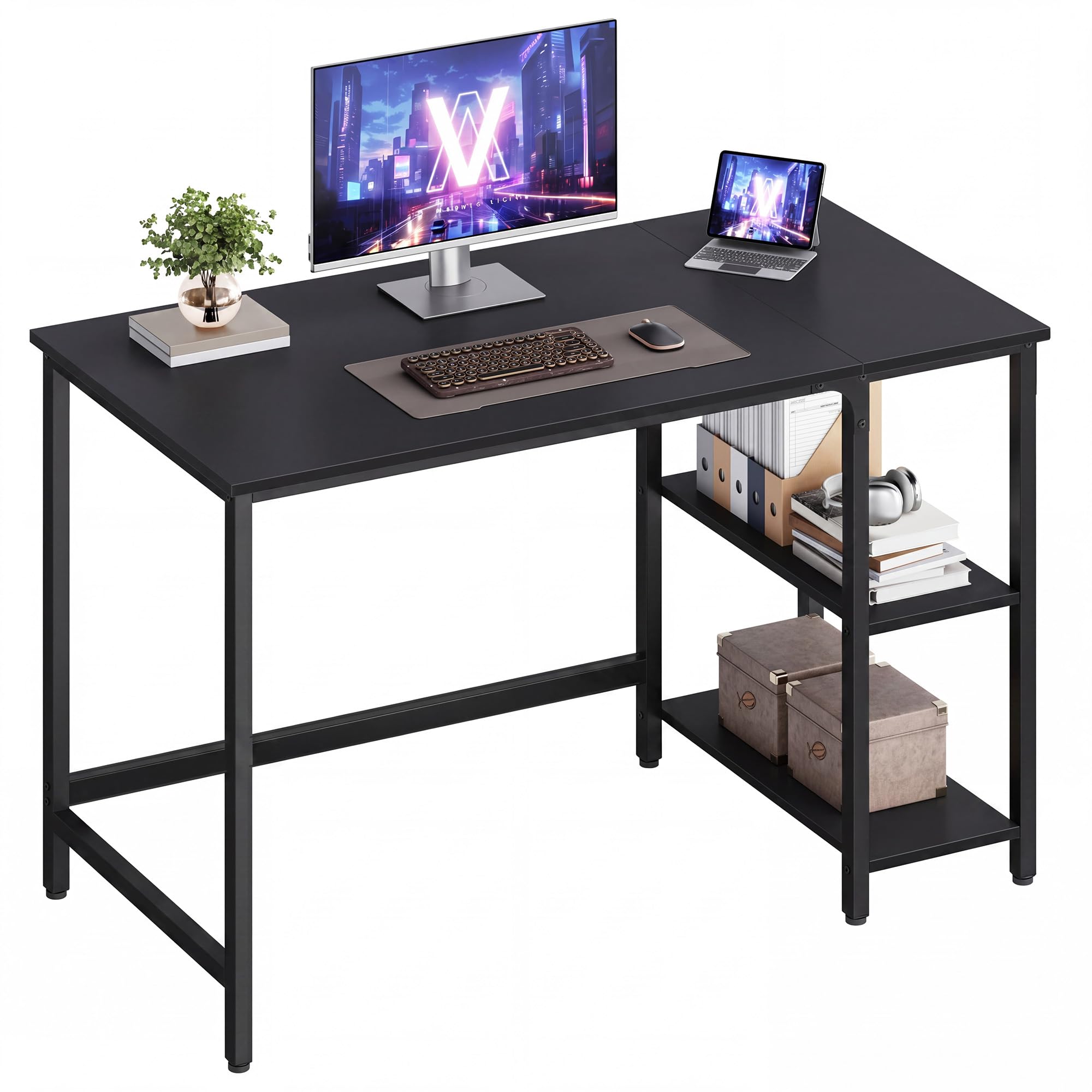 VASAGLE Schreibtisch, Computertisch, PC-Tisch, Bürotisch, mit 2 Ablagen auf der rechten oder linken Seite, fürs Büro, Wohnzimmer, Stahlgestell, Industrie-Design, schwarz LWD047B16