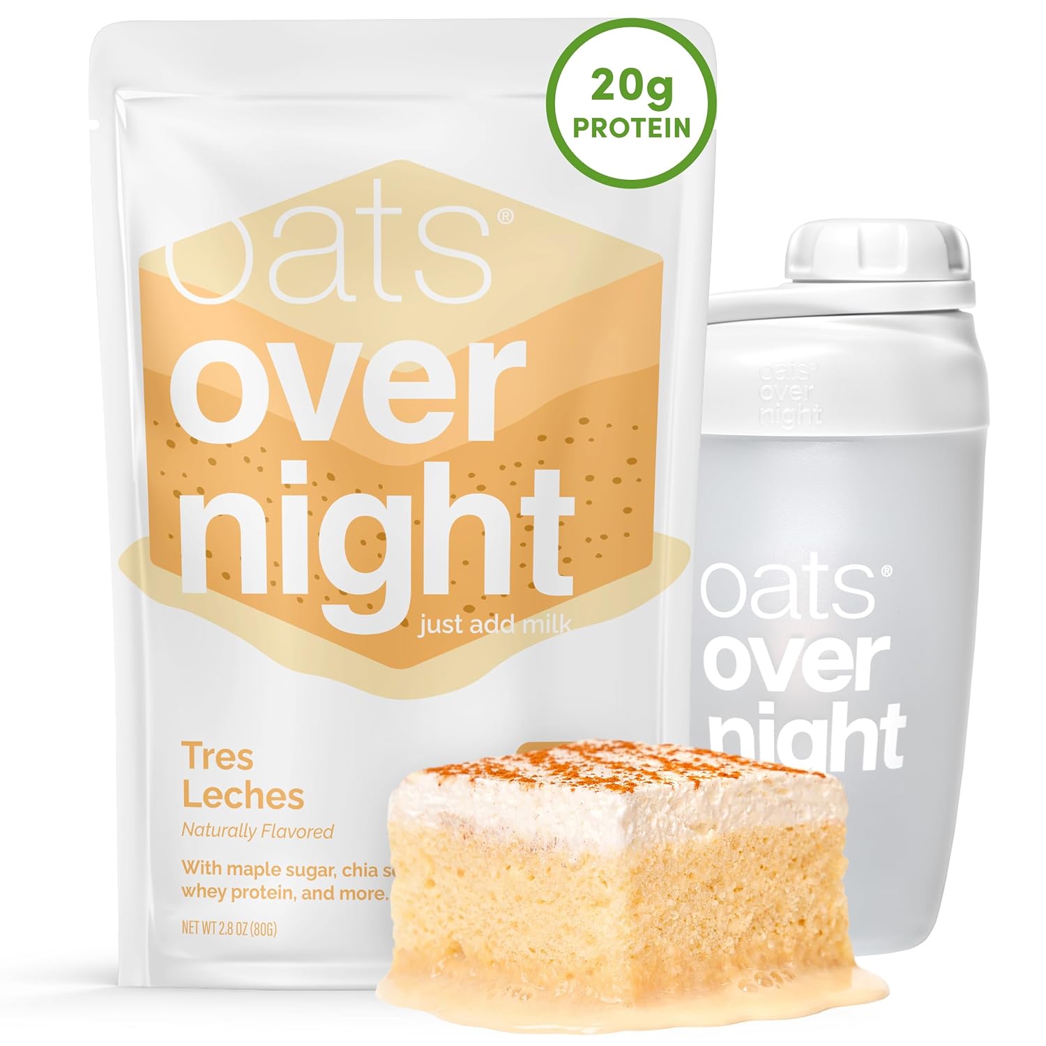 Oats Overnight Tres Leches - Overnight Oats with 20g Whey Protein, High Fiber Breakfast Protein Shake - Gluten Free Oatmeal, Non GMO High Protein Oatmeal (2.8 oz per Meal) (8 Pack)