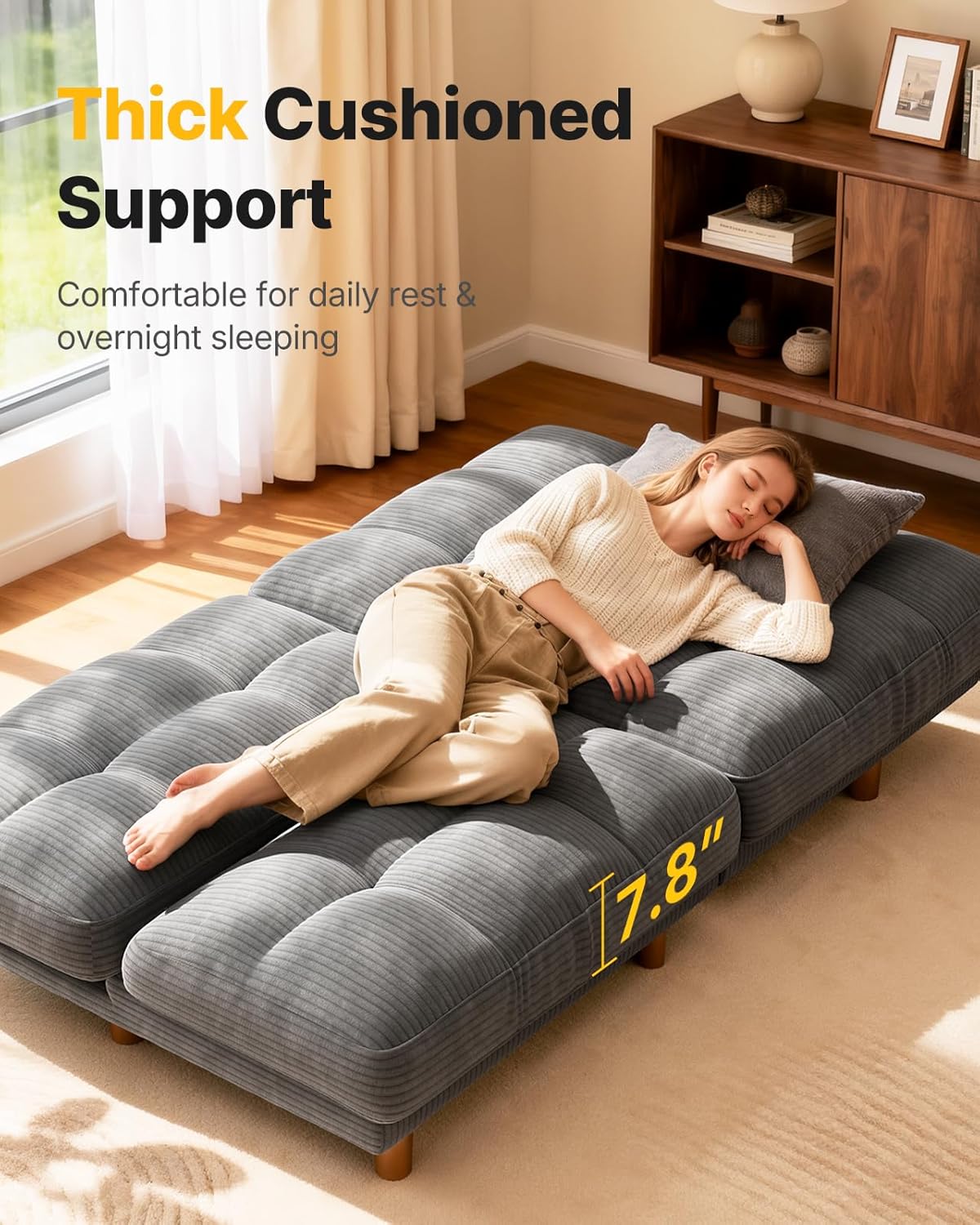 AMADA HOMEFURNISHING 65" Futon Sofa Bed, Convertible Futon Couch with Adjustable Backrest, Ergonomic Recliner Sleeper Sofa with Corduroy Fabric for Living Room, Office, Guest Room (Grey)
