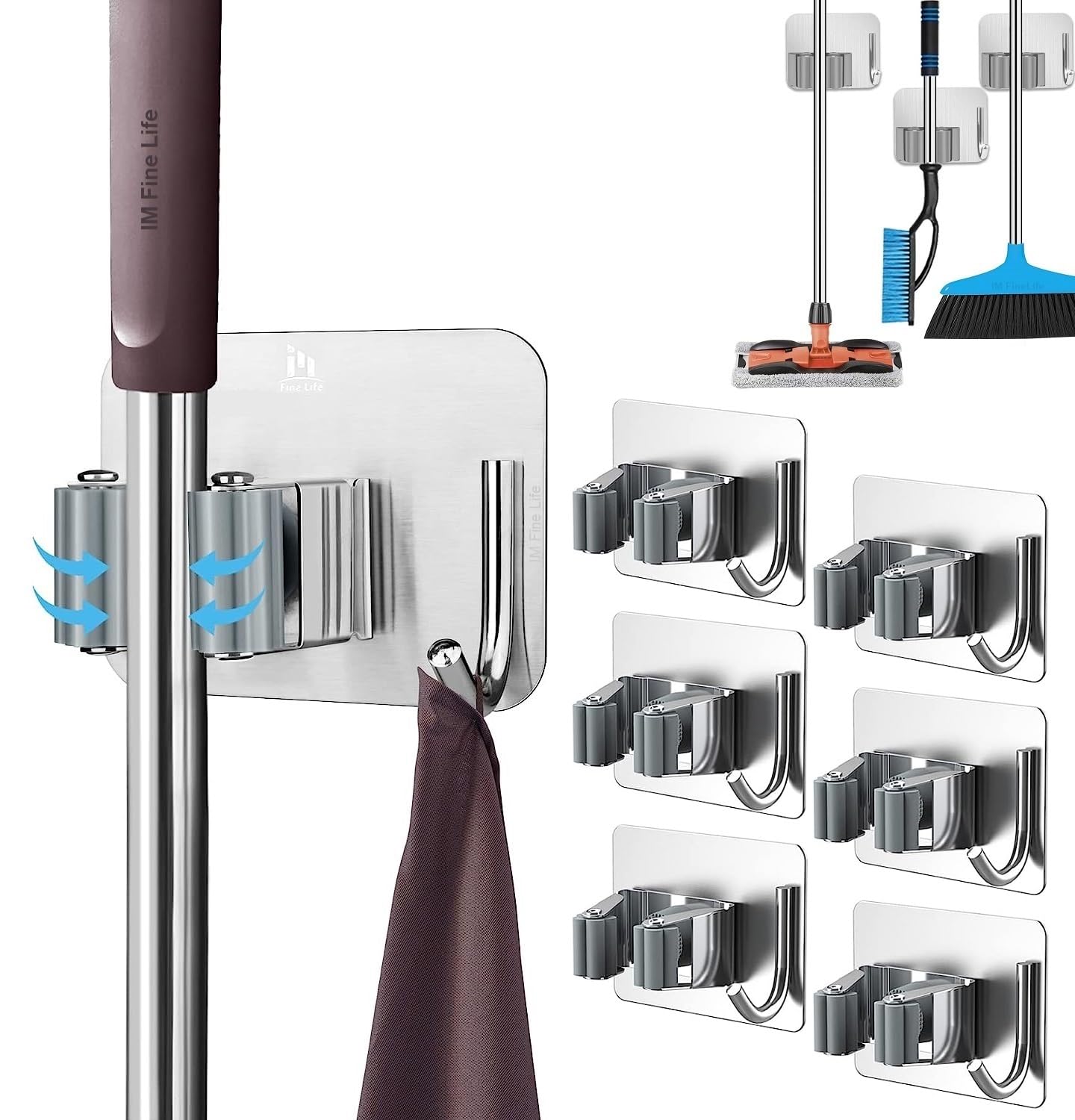 Broom Holder with Hooks, 6 PCS Stainless Steel Mop Holder Self Adhesive Wall Mounted Organizer Broom Grippers Hanger for Home Office Bathroom, Kitchen, Garden, Garage, Closet (Silver)