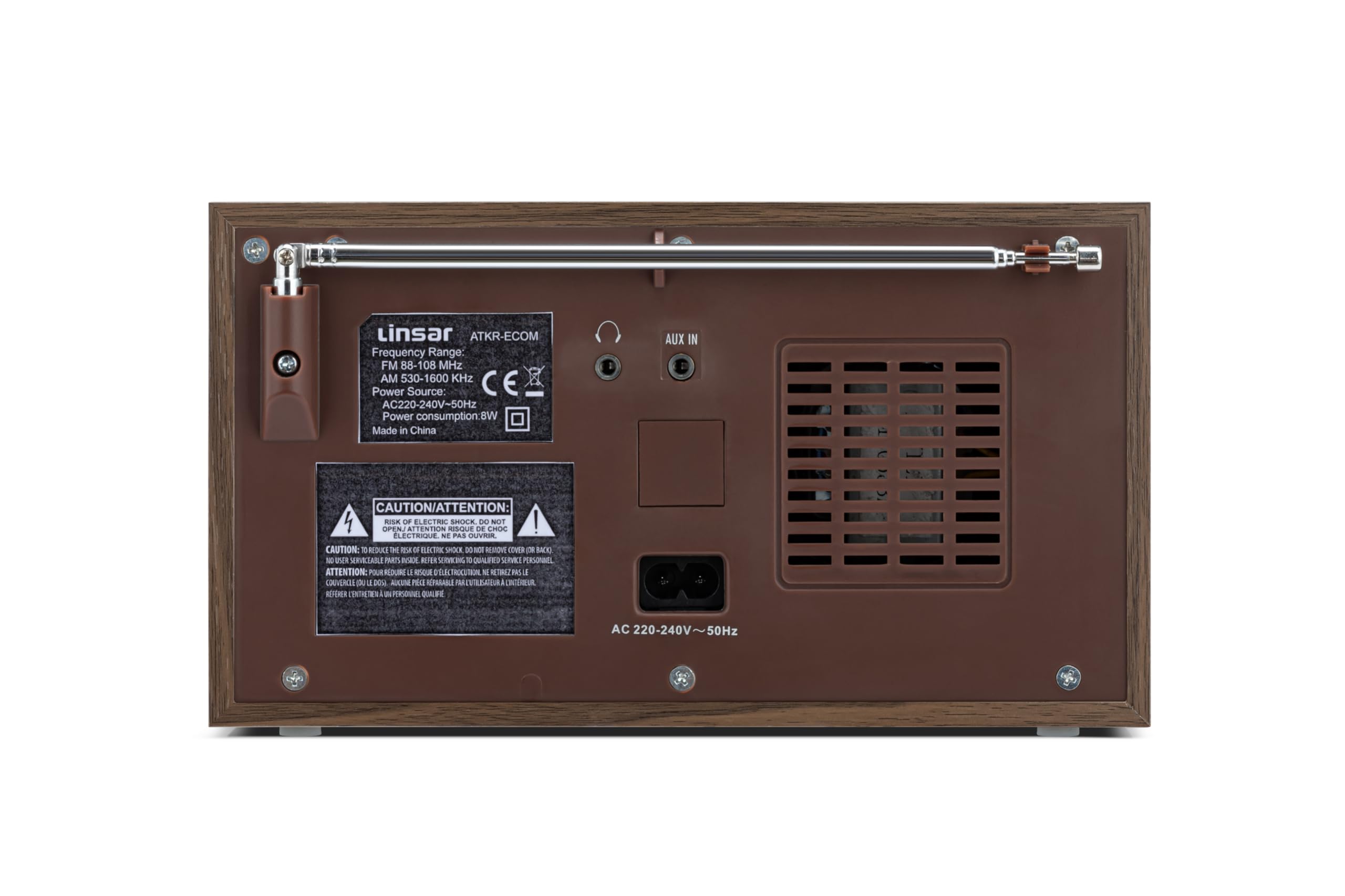 Linsar Radio in zeitlosem Holz-Design, Analoge Einstellung AM/FM, Eingebauter Mono-Lautsprecher, AUX-IN-Funktion, Kopfhörer-Funktion, Hochwertige Steuerknöpfe, Küchenfunk (braun)