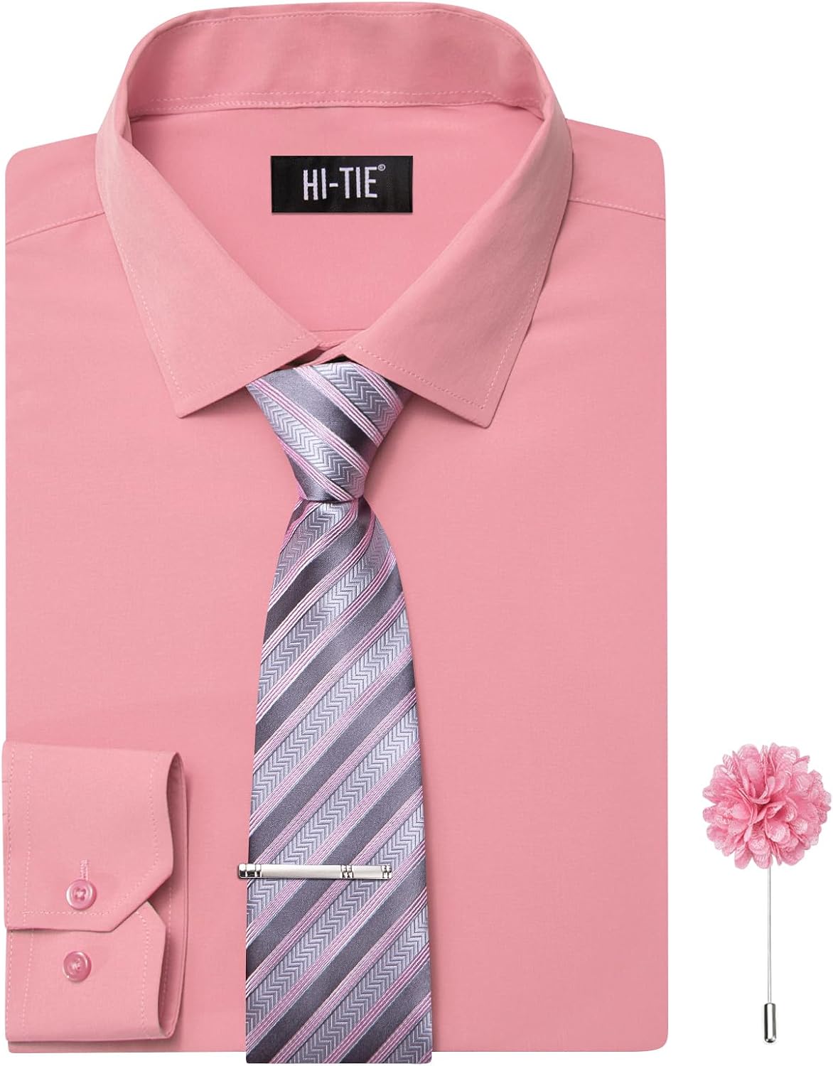 Hi-Tie Mens Dress Shirts and Tie Flower Lapel Pin Combo Long Sleeve Button Down Casual Formal Dress Shirts for Men