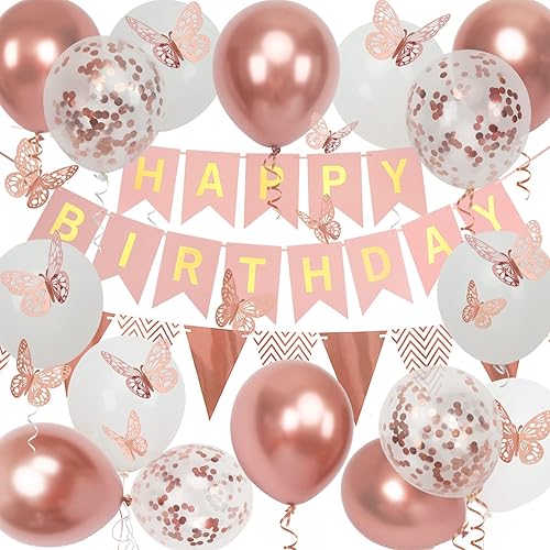 Decoraciones de cumpleaños de oro rosa para mujer, pancarta de feliz cumpleaños para niñas, decoraciones de fiesta con globos, banderas banderines y