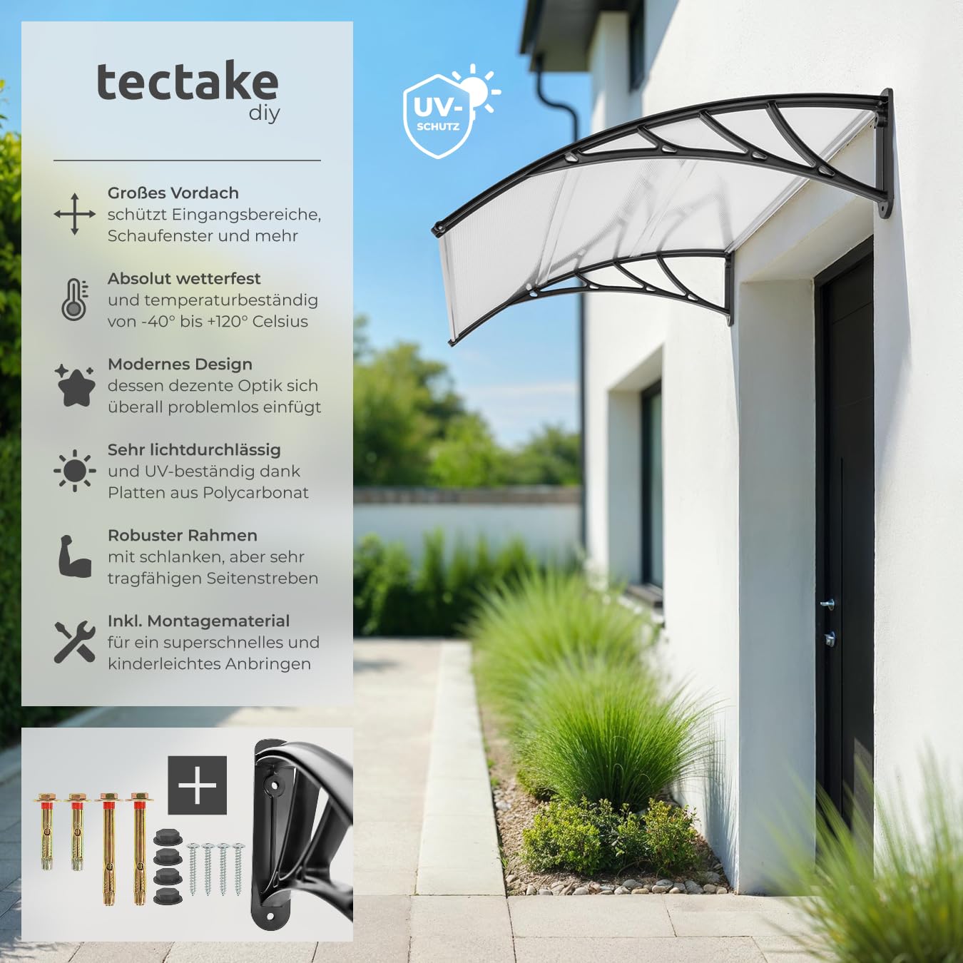 tectake® Vordach für Haustür, Überdachung Terrasse Tür, Haustür Vordach, Balkon Überdachung, Unterstand, Dach für Fenster, Schaufenster und Eingangstür, Montage an Fassadenverkleidung aussen - 150 cm