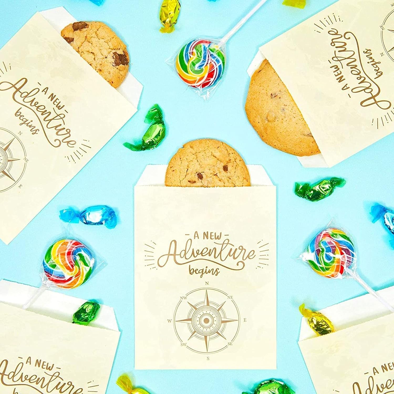 Paper Goodie Bags for Party Favors, A New Adventure Begins (5 x 7.5 In, 100 Pack) : Home & Kitchen