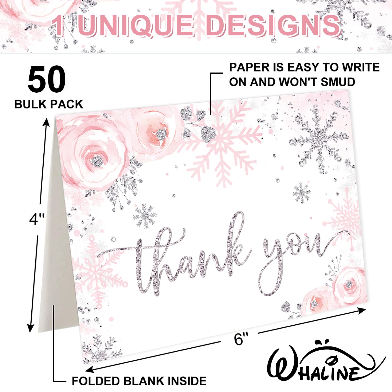 Whaline Lot de 50 cartes de remerciement de Noël avec flocons de neige à paillettes roses - Cartes de vœux vierges avec enveloppe autocollante pour Noël, fête prénatale, invitation, 10,2 x 15,2 cm