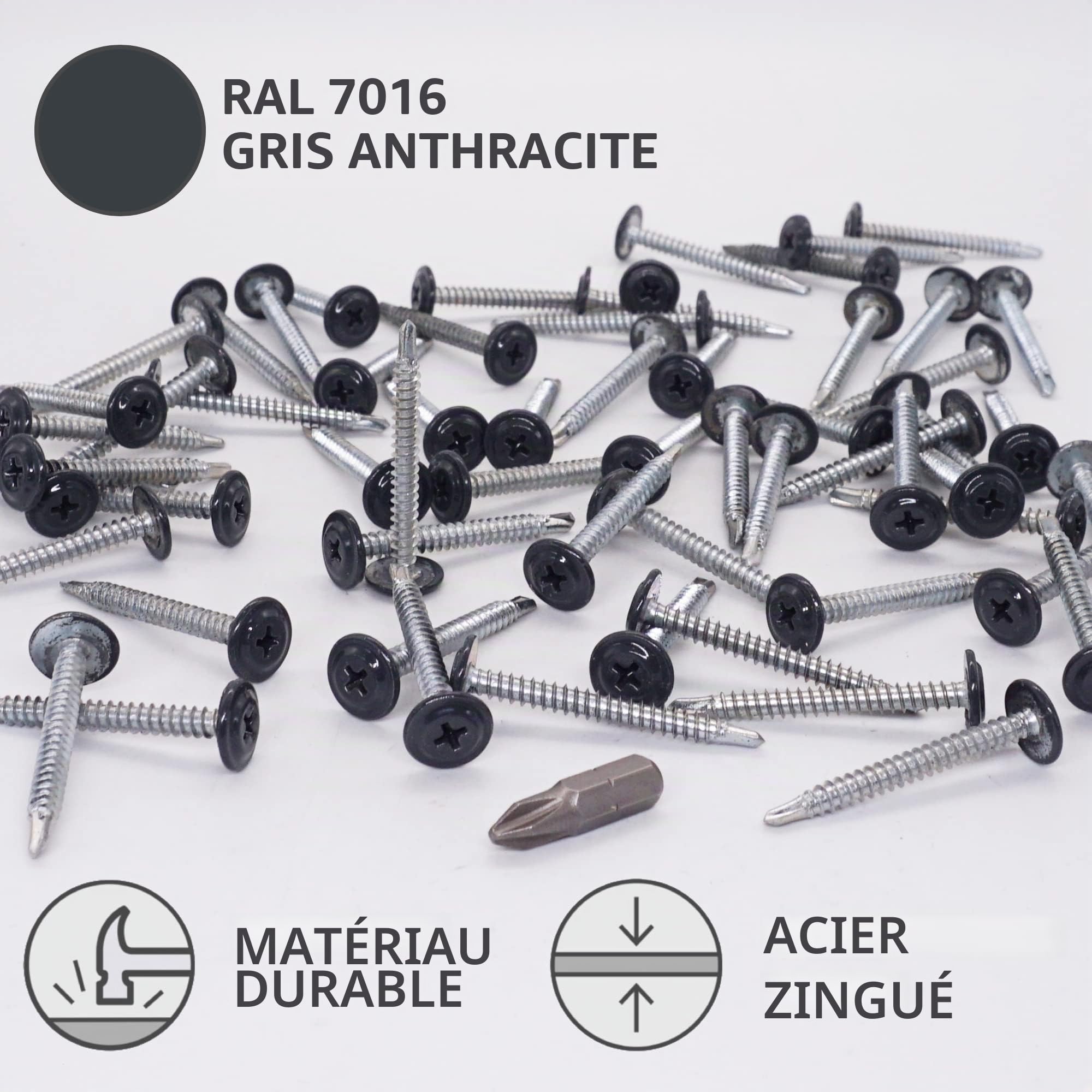 SKIR'CO (150 pièces) Vis Autoperceuses Peintes 4,2 x 40 mm, Vis Tôle, Tête Bombée Modifiée PH (Gris Anthracite RAL 7016)
