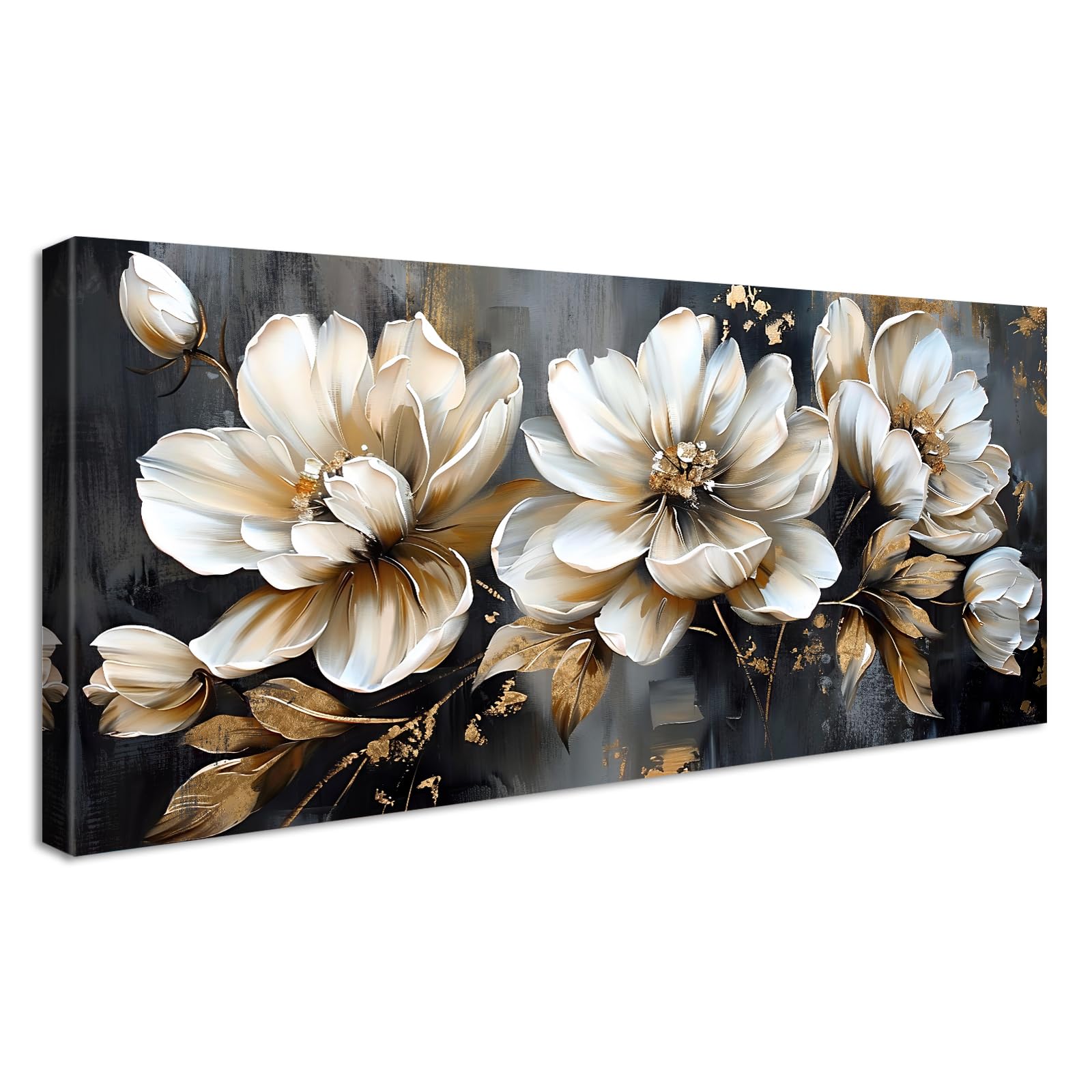 Mit Rahmen Leinwand Bilder Beige Pfingstrosen Blumen Bild auf Leinwand Malerei Poster Kunstdrucke Graue Goldene Blätter Bild Wandbilder Heim Restaurant Wohnzimmer Schlafzimmer Wanddekoration 50x120cm